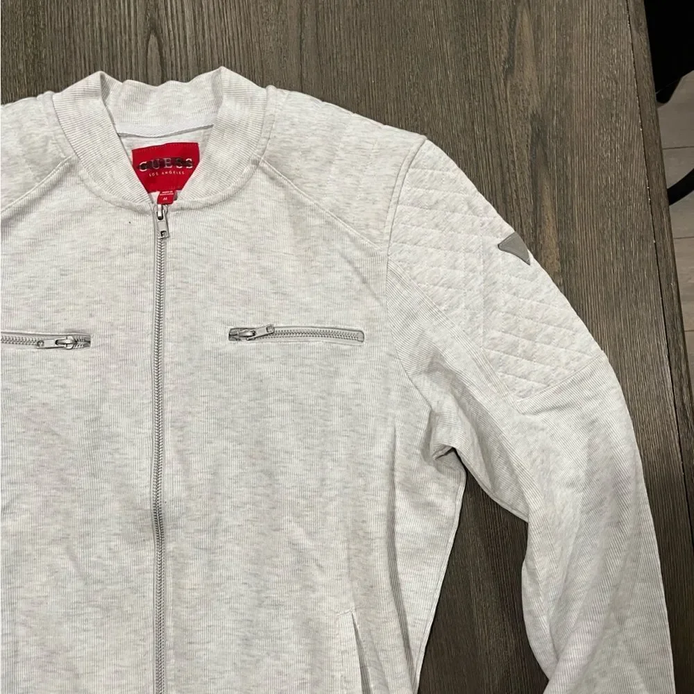 NWOT Guess Mens White Gray Cotton Blend Zip Up Bomber Jacket Size M - Picture 4 of 9